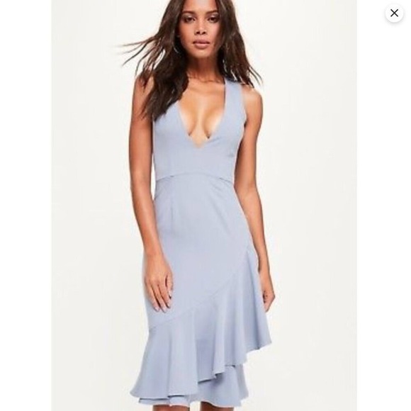 NWT Missguided Crepe Blue Gray Sleeveless Midi Cocktail Dress Ruffle Hem  Sz 2 - Picture 3 of 10
